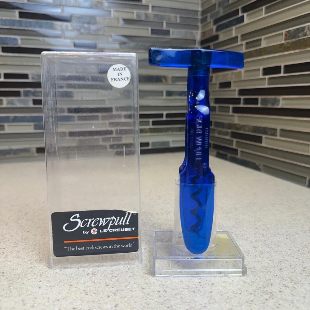 VTG RARE Le Creuset Screwpull Corkscrew Wine Opener Cobalt Blue France w/ Case
